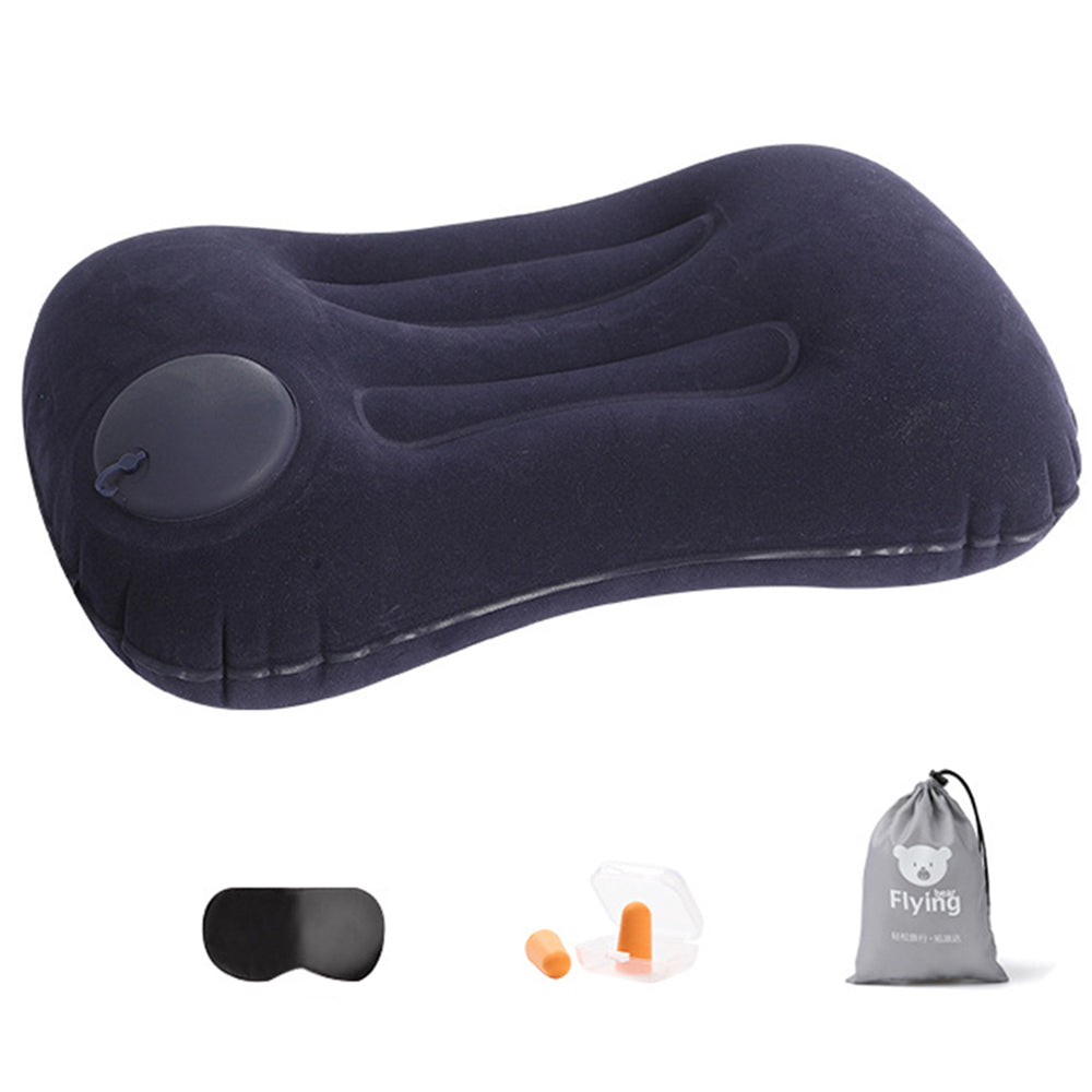 Inflatable Pillow Travel Air Pillow Eye Mask Earplugs Set for Neck Lumbar Back Head Support -Navy blue