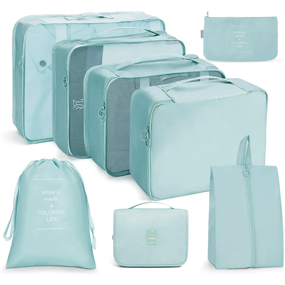 8Pcs Packing Cubes Travel Pouches Luggage Organizer Clothes Suitcase Storage Bag -Light blue