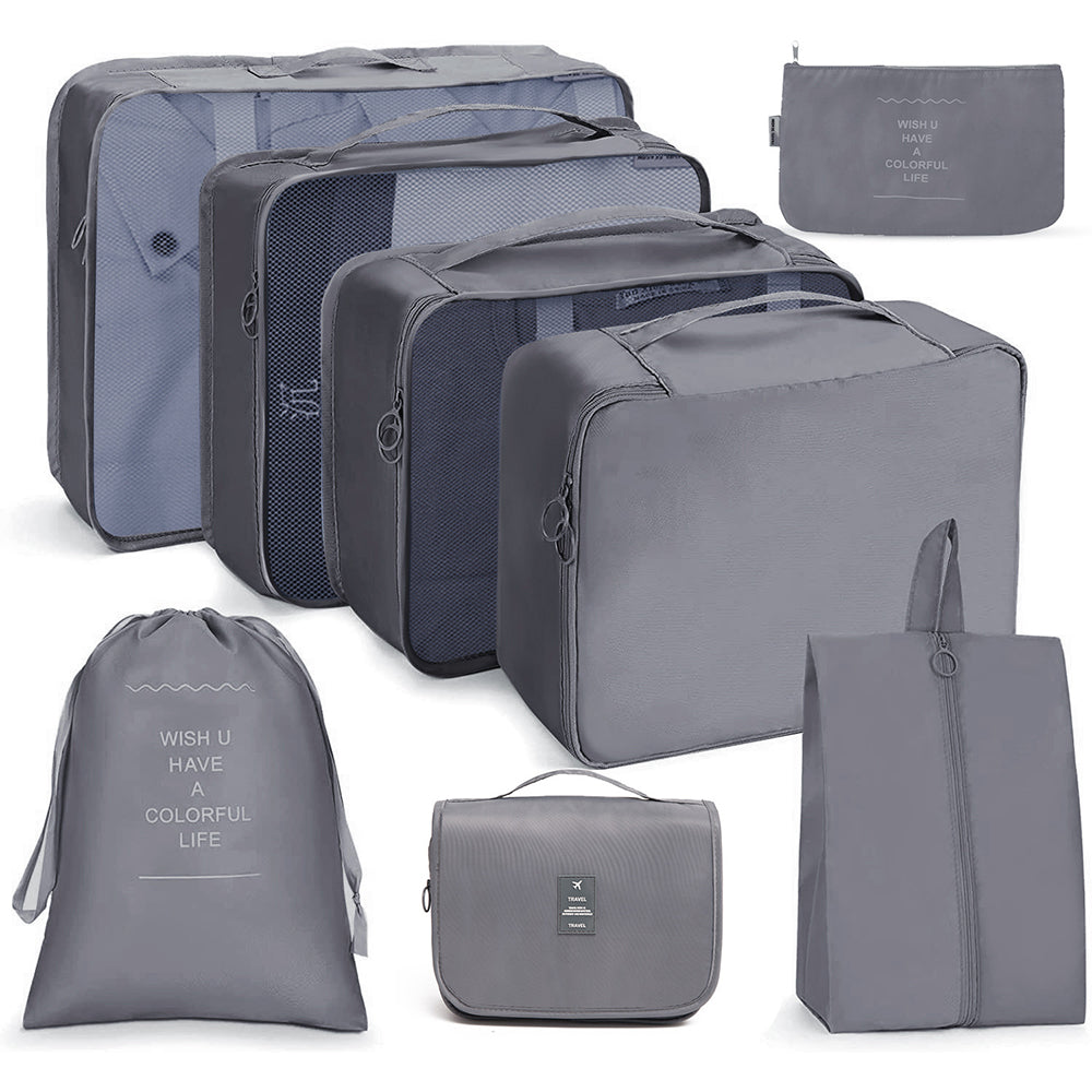 8Pcs Packing Cubes Travel Pouches Luggage Organizer Clothes Suitcase Storage Bag -Gray