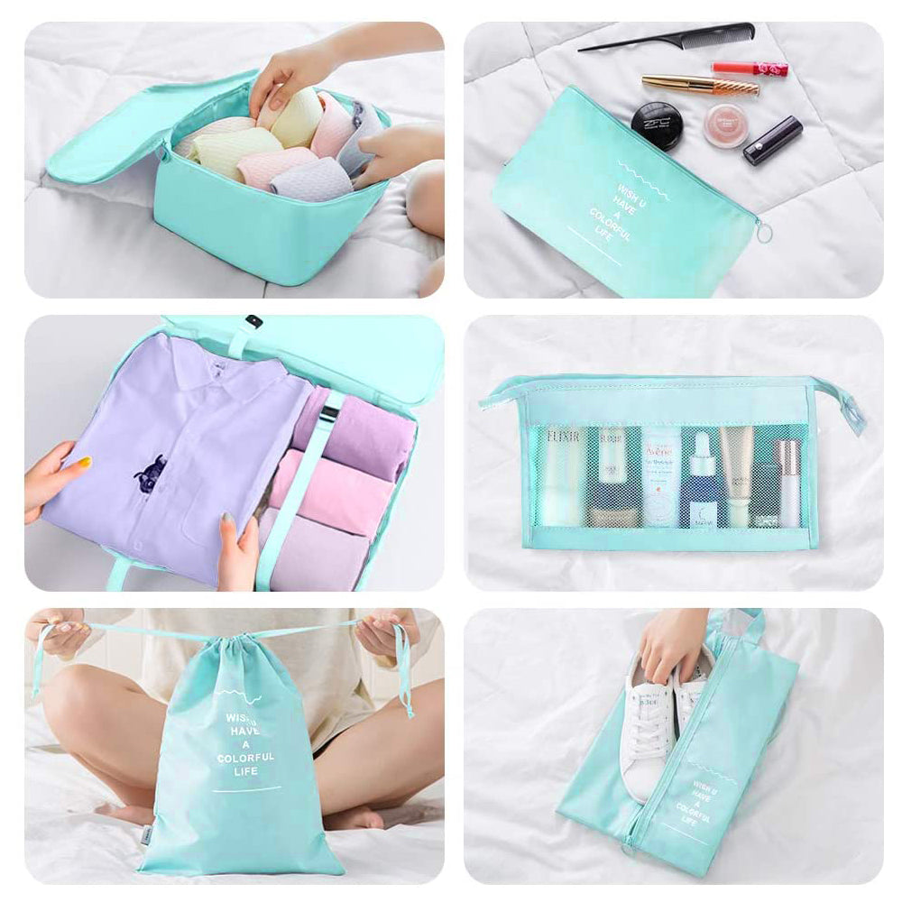 10Pcs Packing Cubes Travel Pouches Luggage Organizer Clothes Suitcase Storage Bag -Light blue