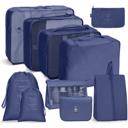 10Pcs Packing Cubes Travel Pouches Luggage Organizer Clothes Suitcase Storage Bag -Navy