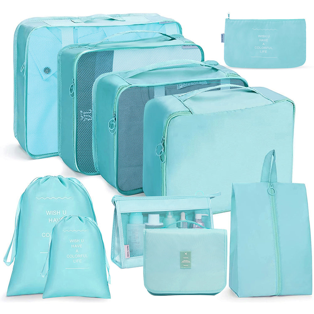 10Pcs Packing Cubes Travel Pouches Luggage Organizer Clothes Suitcase Storage Bag -Light blue