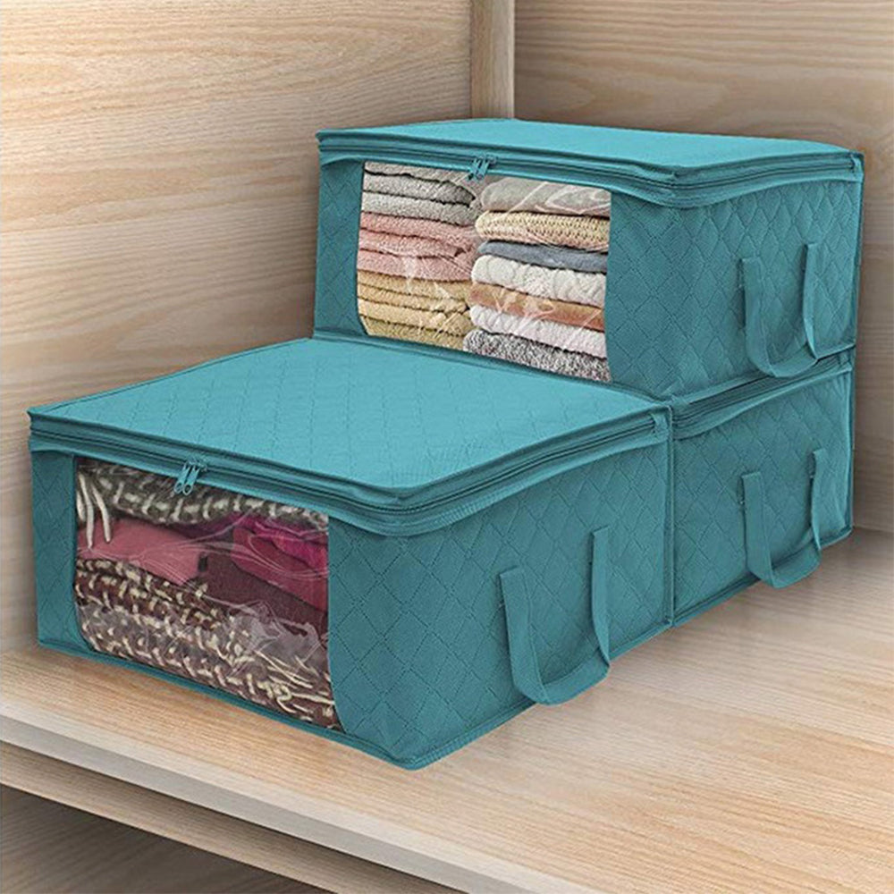 3Pcs Foldable Clothing Storage Bags Wardrobe Organiser with Clear Window Dark Cyan