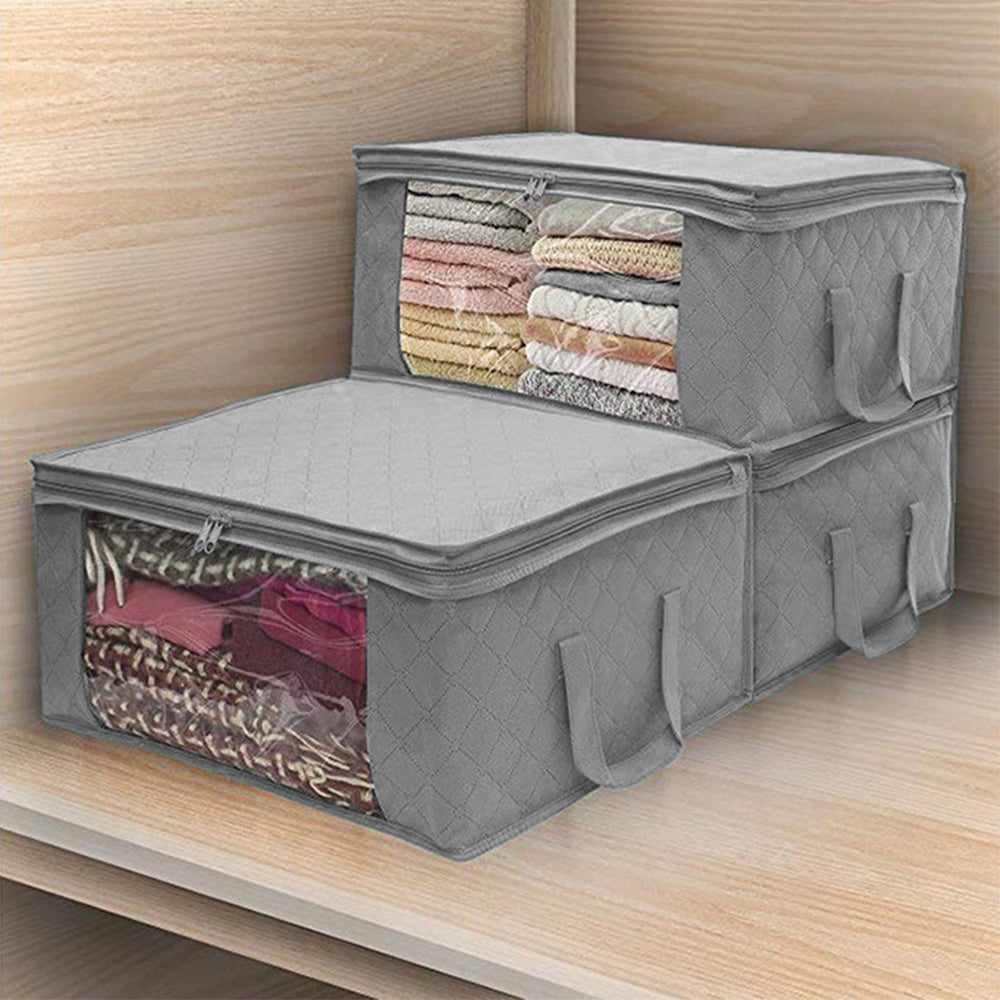 3Pcs Foldable Clothing Storage Bags Wardrobe Organiser with Clear Window Gray