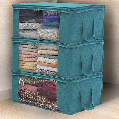 3Pcs Foldable Clothing Storage Bags Wardrobe Organiser with Clear Window Dark Cyan