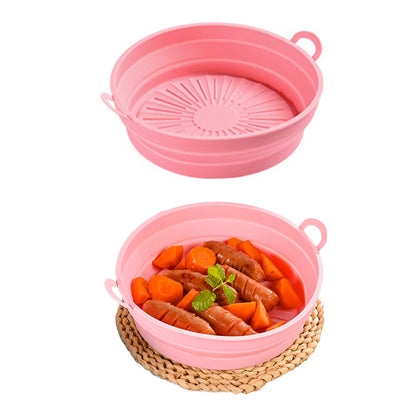 2 Pcs Set Foldable Air Fryer Silicone Pot Oven Baking Tray Pan Air Fryer Liner 8.5 Inches Pink and Blue
