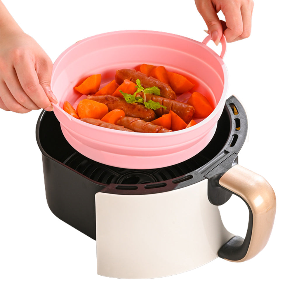 2 Pcs Set Foldable Air Fryer Silicone Pot Oven Baking Tray Pan Air Fryer Liner 8.5 Inches Pink and Blue