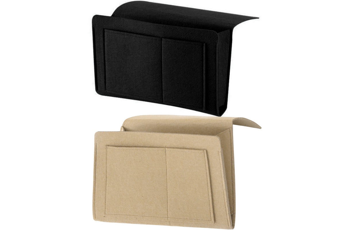 2Pcs Bed Organizer Felt Hanging Storage Bag With Tissue Box Water Bottle Pocket-Black And Beige