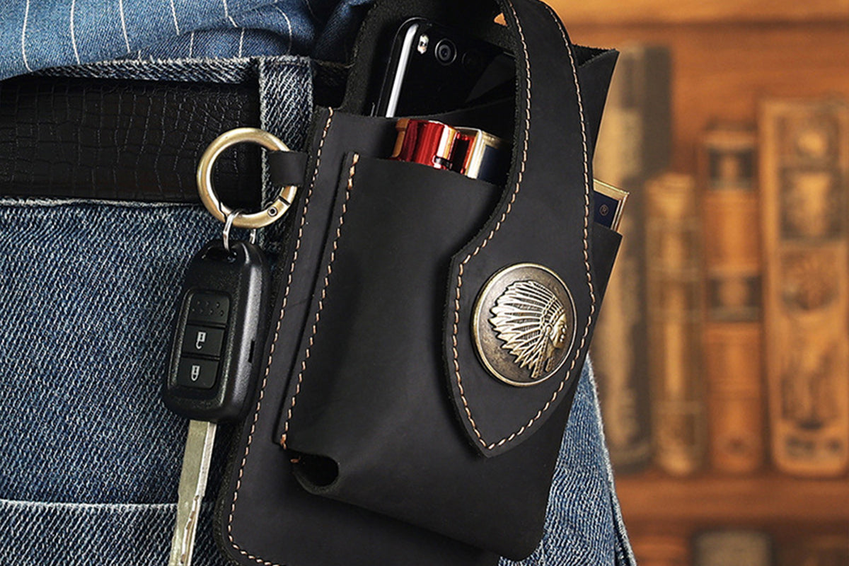 Multifunctional Storage Bag Cell Phone Stand Holder Leather Waist Belt Fashion Belt Bag-Black