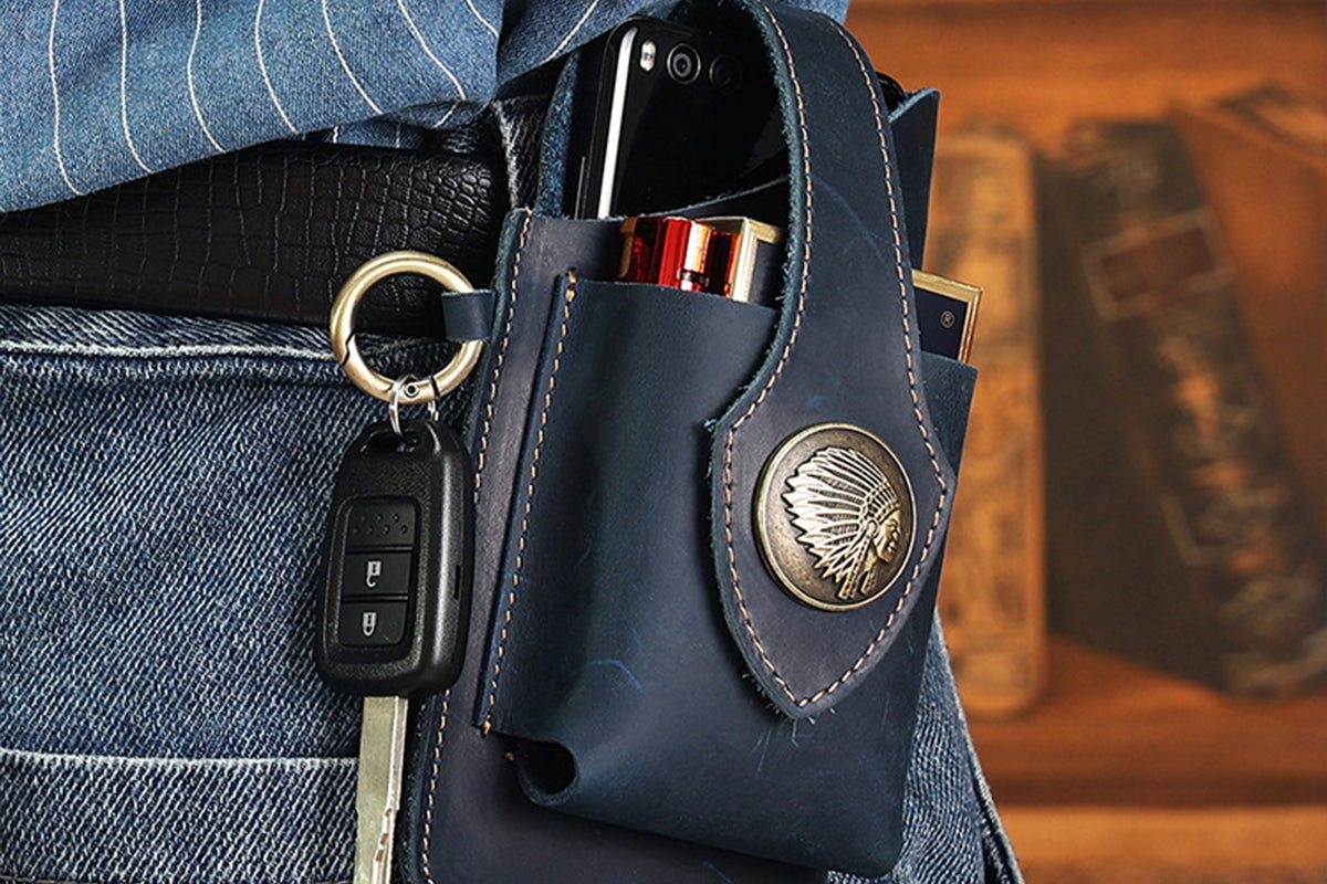 Multifunctional Storage Bag Cell Phone Stand Holder Leather Waist Belt Fashion Belt Bag-Blue