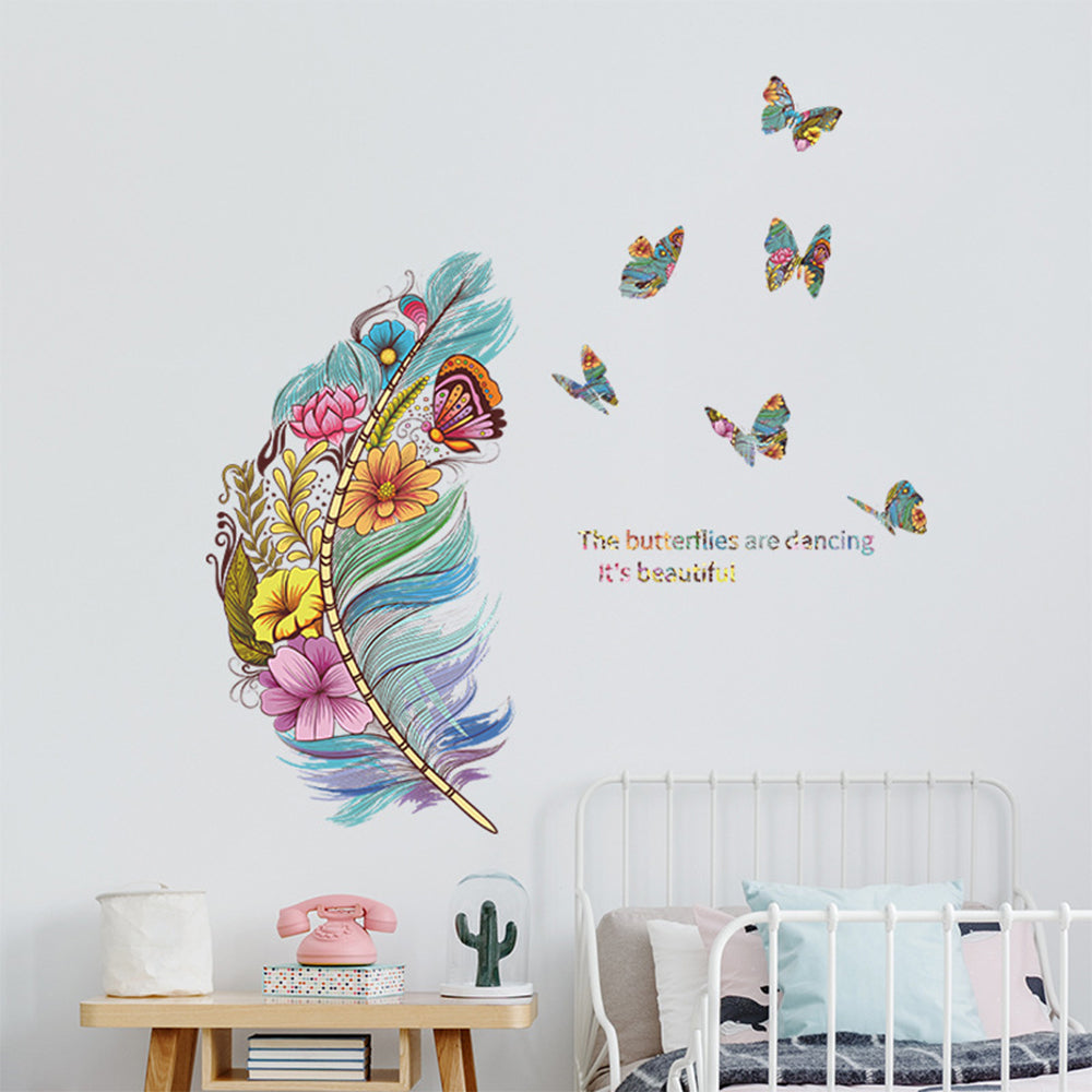 Removable Wall Decal Stickers Colourful Floral Feathers Butterfly Wall Decor