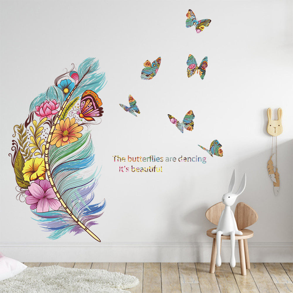 Removable Wall Decal Stickers Colourful Floral Feathers Butterfly Wall Decor