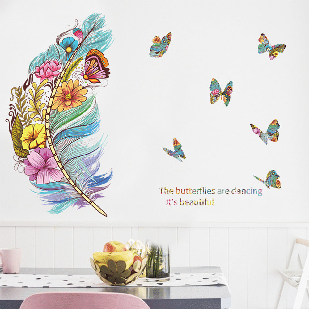 2pcs Removable Wall Decal Stickers Colourful Floral Feathers Butterfly Wall Decor