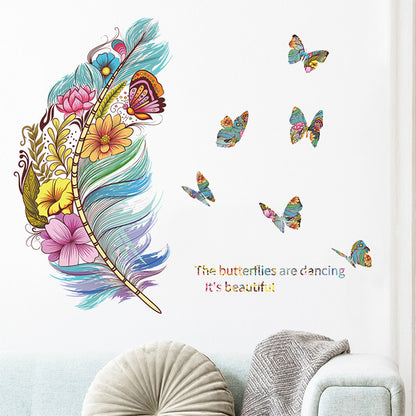 2pcs Removable Wall Decal Stickers Colourful Floral Feathers Butterfly Wall Decor