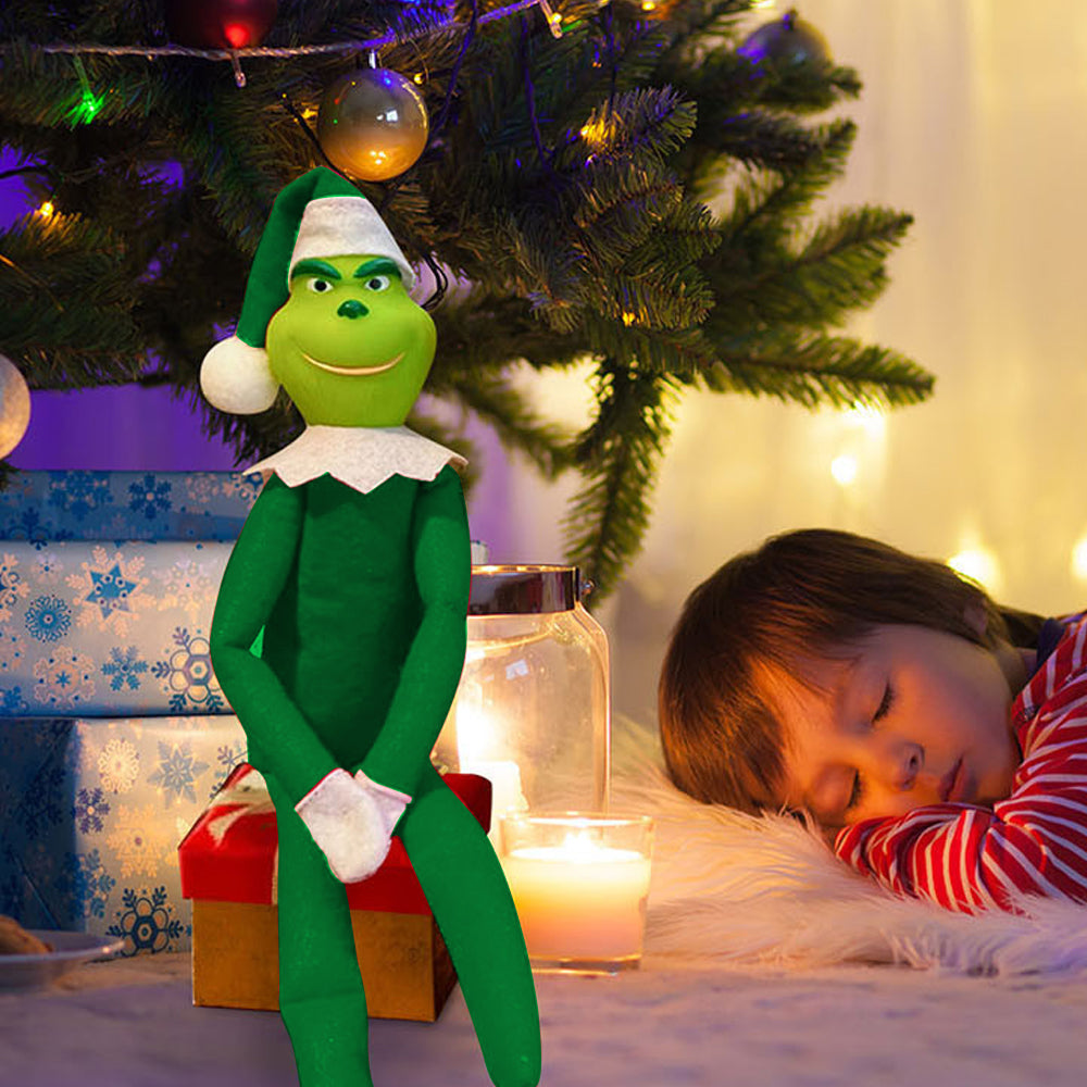 Christmas Grinch Plush Toy Xmas Ornament Elf Doll on the Shelf -Green