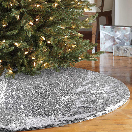 Round Christmas Tree Skirt Sparkle Sequins Xmas Tree Mats Tree Decorations for Home Decor -Silver