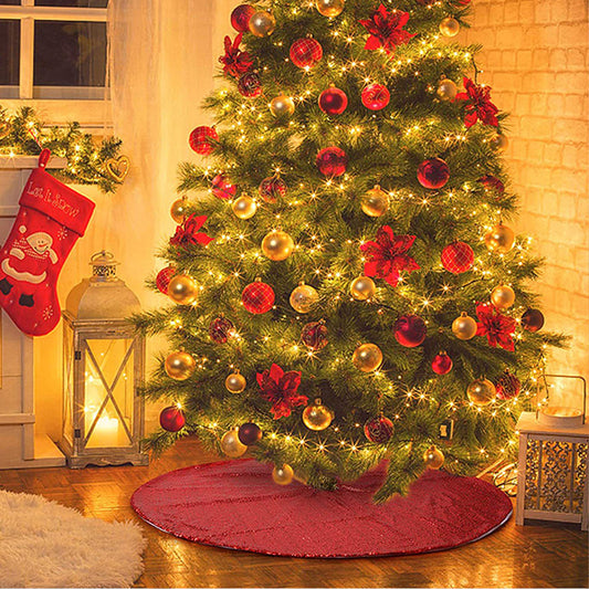 Round Christmas Tree Skirt Sparkle Sequins Xmas Tree Mats Tree Decorations for Home Decor -Red