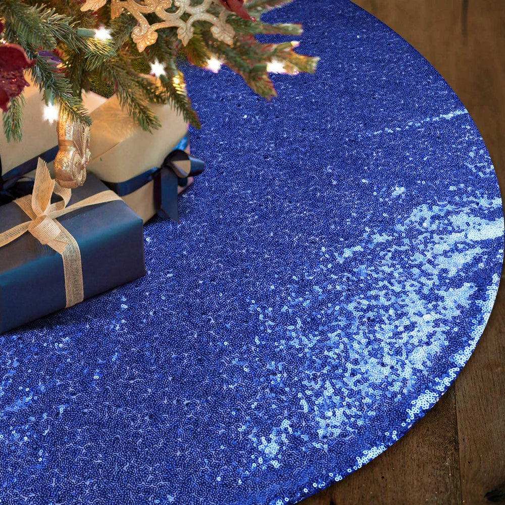 Christmas Tree Skirt Round Sparkle Sequins Xmas Tree Mat for Holiday Party Home Decorations -Blue