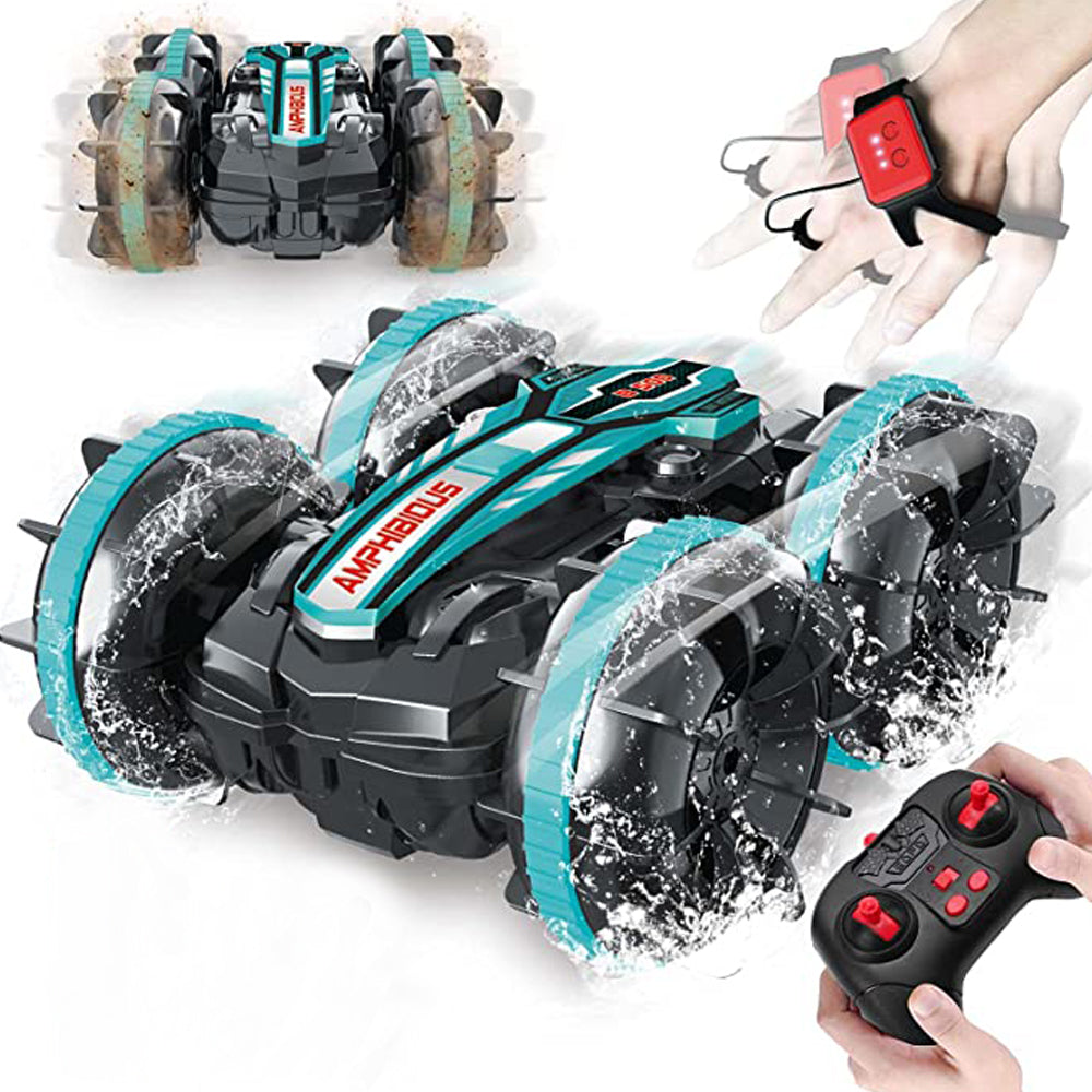 Toy 2.4Ghz Remote Control Gesture Sensor Toy Car Boat Truck 4WD Waterproof RC Amphibious Vehicle-Blue