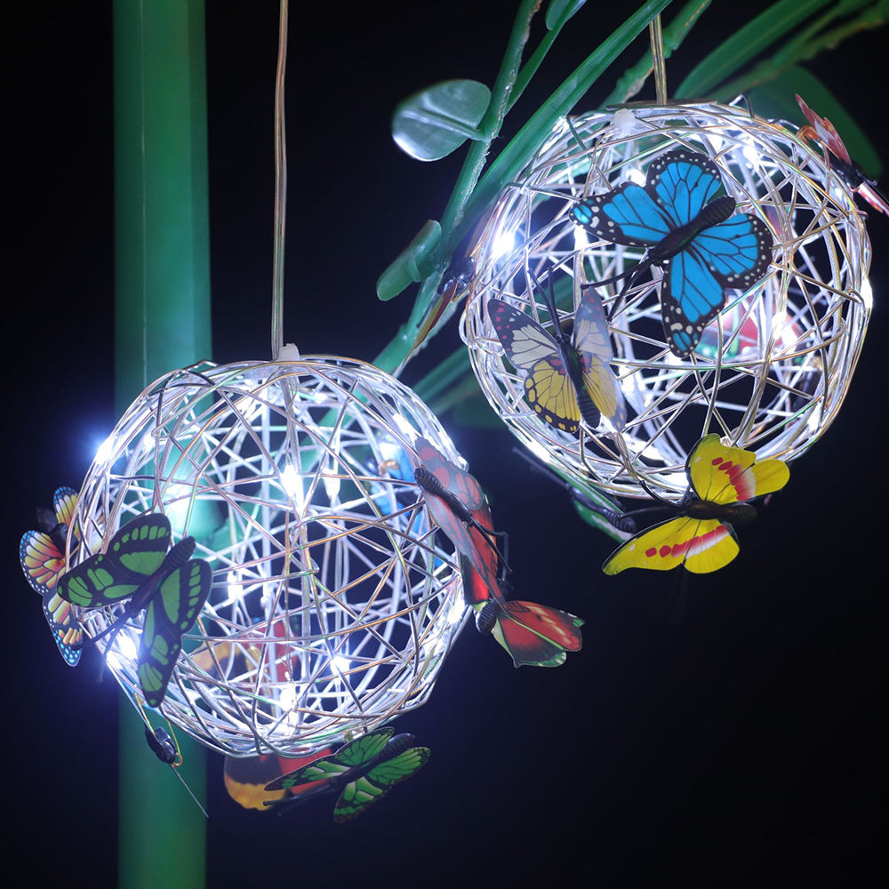 2pcs Hanging Solar Butterfly Pendant Ball Light Mesh Orb Lamp Garden Decor -White
