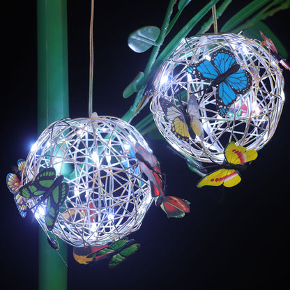 2pcs Hanging Solar Butterfly Pendant Ball Light Mesh Orb Lamp Garden Decor -White