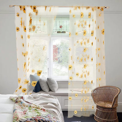 Pair of Floral Sunflower Window Curtains Voile Curtains Room Door Curtain Sheer Panel Home Decor