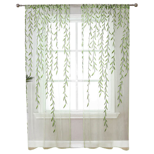 Wall Art Pair of Willow Curtains Voile Tulle Curtains Room Door Curtain Sheer Panel Home Decor-Green