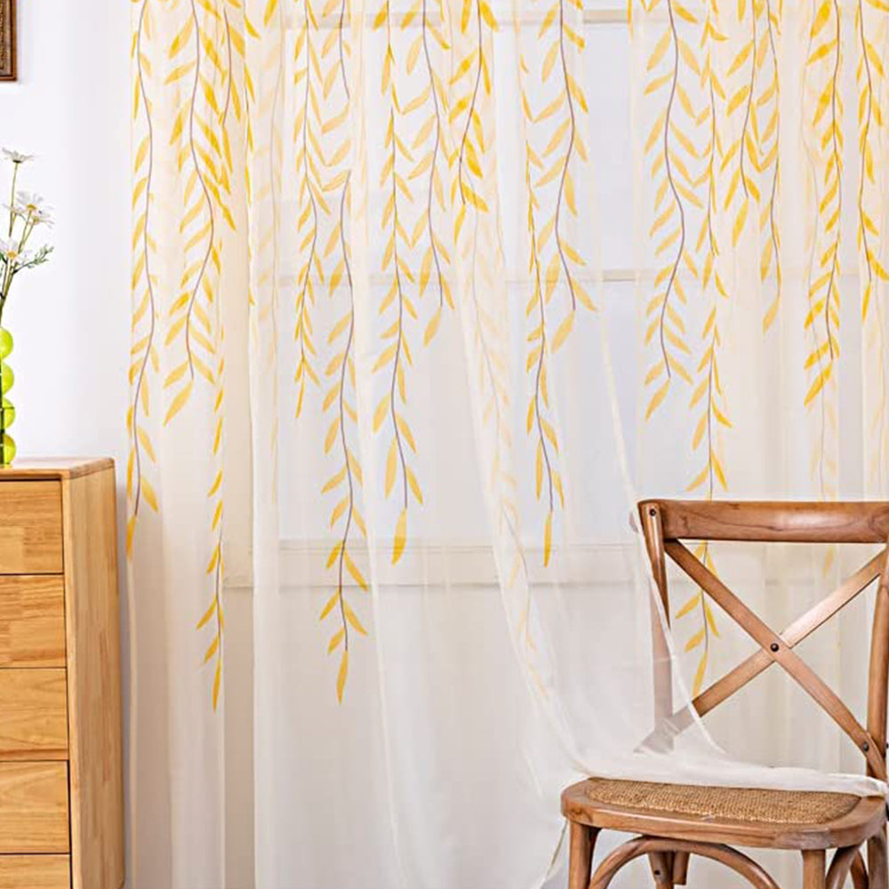 Wall Art Pair of Willow Curtains Voile Tulle Curtains Room Door Curtain Sheer Panel Home Decor-Yellow