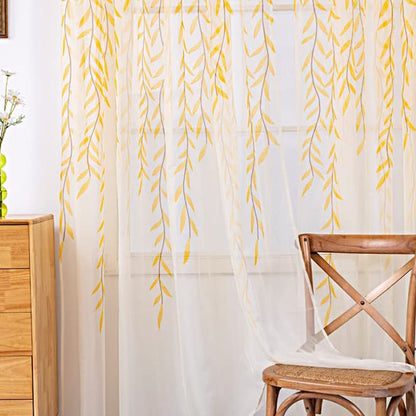 Wall Art Pair of Willow Curtains Voile Tulle Curtains Room Door Curtain Sheer Panel Home Decor-Yellow