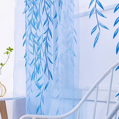 Wall Art Pair of Willow Curtains Voile Tulle Curtains Room Door Curtain Sheer Panel Home Decor-Blue