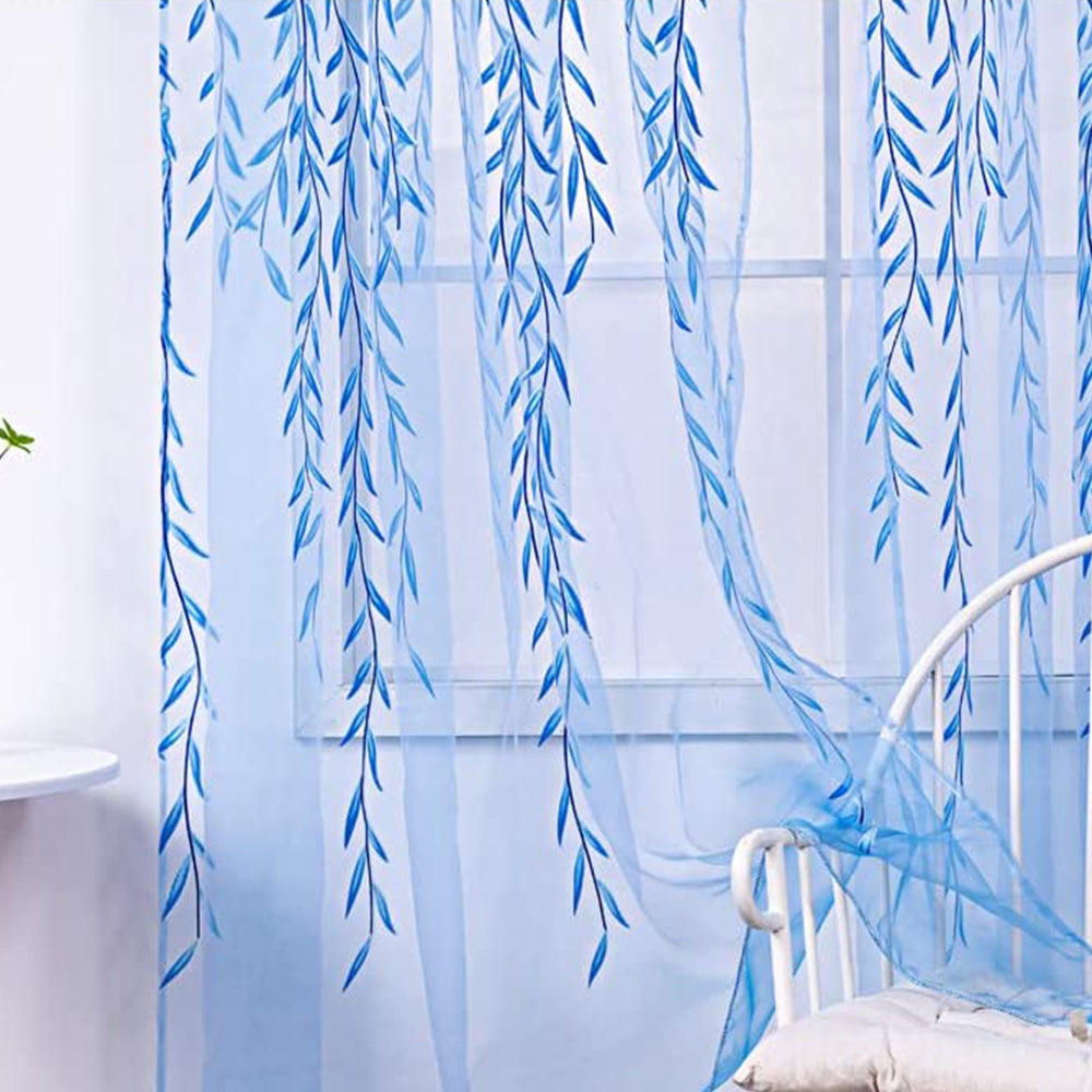 Wall Art Pair of Willow Curtains Voile Tulle Curtains Room Door Curtain Sheer Panel Home Decor-Blue