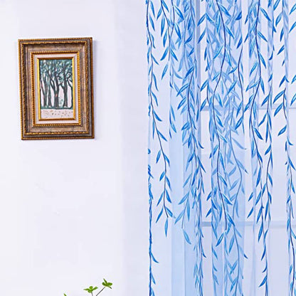 Wall Art Pair of Willow Curtains Voile Tulle Curtains Room Door Curtain Sheer Panel Home Decor-Blue
