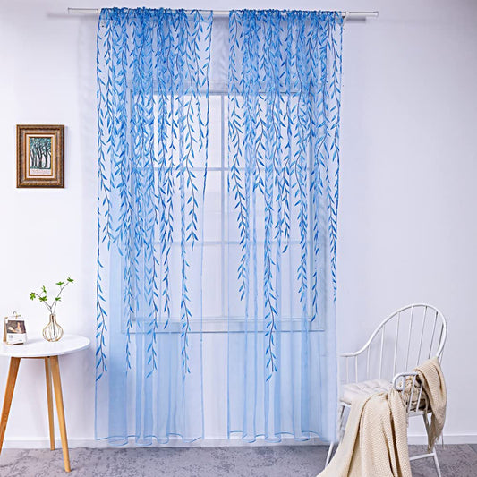 Wall Art Pair of Willow Curtains Voile Tulle Curtains Room Door Curtain Sheer Panel Home Decor-Blue
