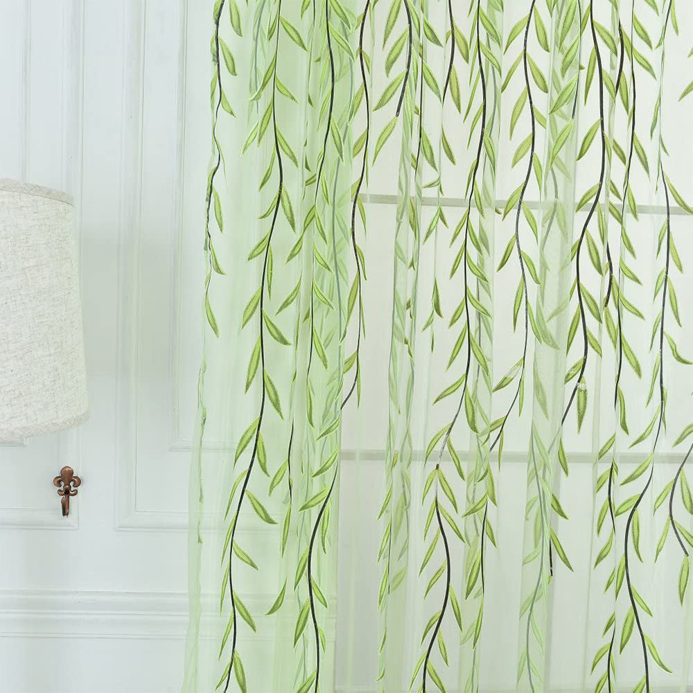 Wall Art Pair of Willow Curtains Voile Tulle Curtains Room Door Curtain Sheer Panel Home Decor-Green
