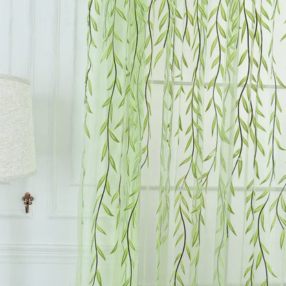 Wall Art Pair of Willow Curtains Voile Tulle Curtains Room Door Curtain Sheer Panel Home Decor-Green