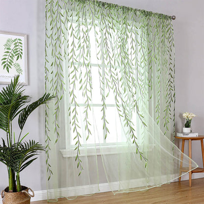 Wall Art Pair of Willow Curtains Voile Tulle Curtains Room Door Curtain Sheer Panel Home Decor-Green