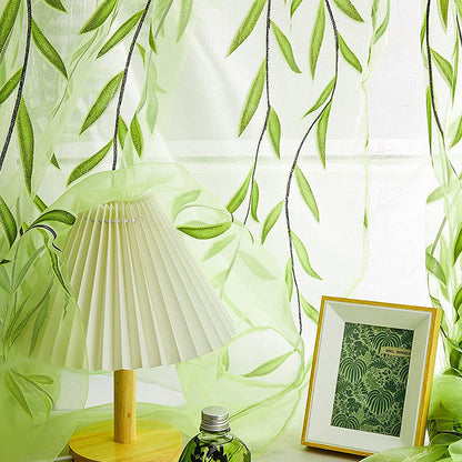Wall Art Pair of Willow Curtains Voile Tulle Curtains Room Door Curtain Sheer Panel Home Decor-Green