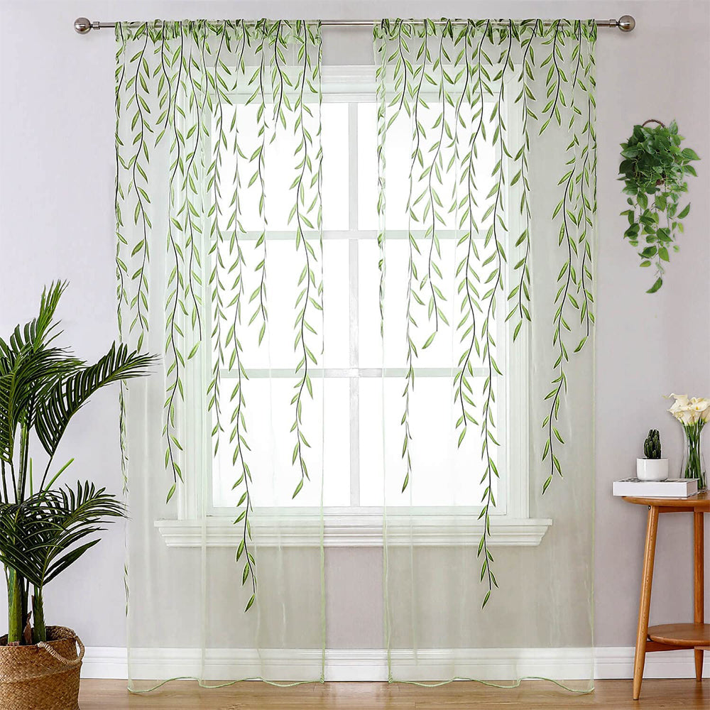 Wall Art Pair of Willow Curtains Voile Tulle Curtains Room Door Curtain Sheer Panel Home Decor-Green
