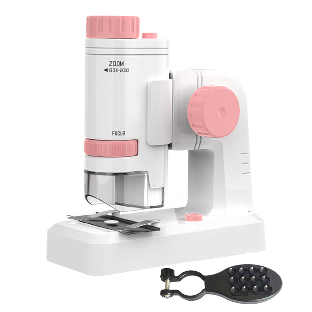 Toy Microscope Portable 80X-200XMagnification BeginnerLearning EducationToy with Basefor Toddler Child-Pink