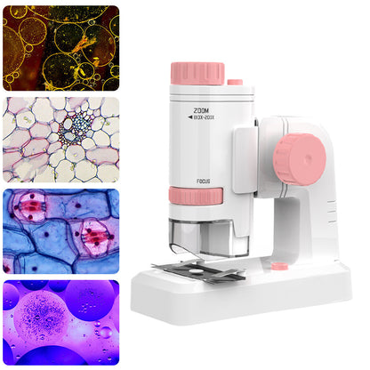 Toy Microscope Portable 80X-200XMagnification BeginnerLearning EducationToy with Basefor Toddler Child-Pink