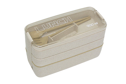 3 Layer Wheat Straw Bento Box Students Lunch Box Eco Friendly Leakproof 900ml Food Container Lunch Box with Compartment-Beige