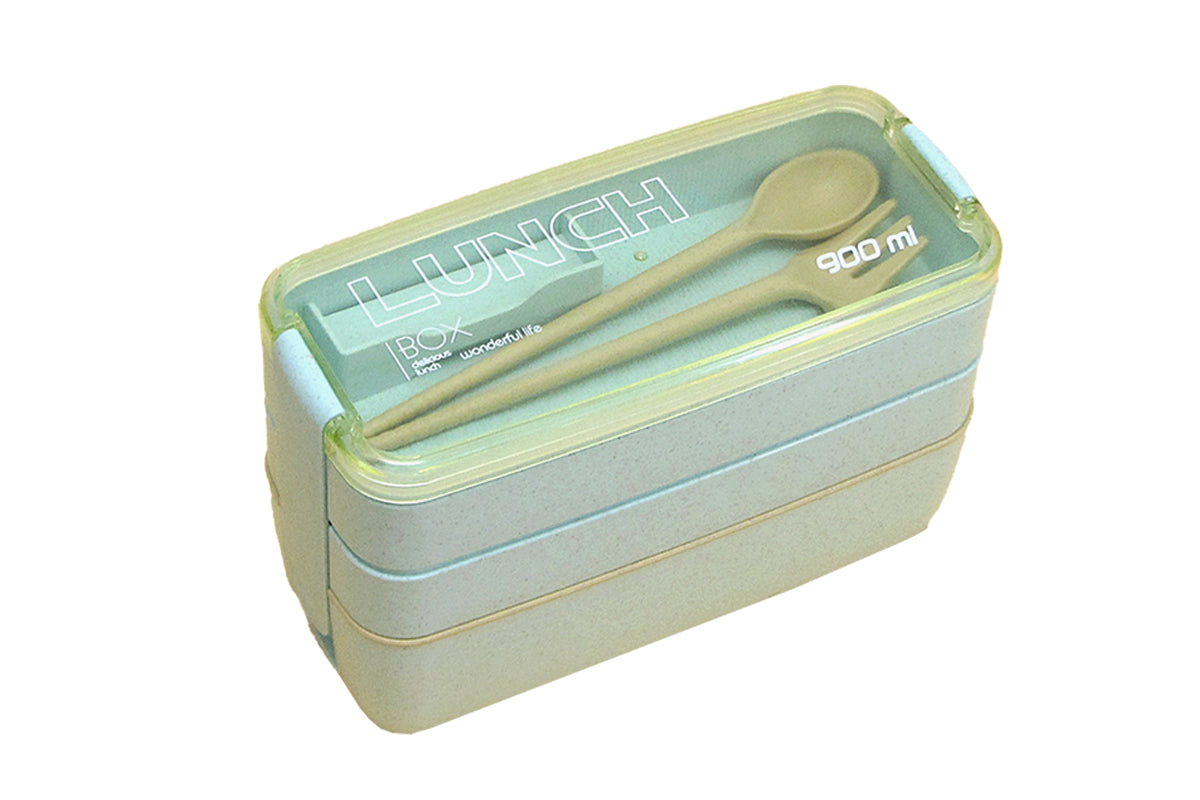 3 Layer Wheat Straw Bento Box Students Lunch Box Eco Friendly Leakproof 900ml Food Container Lunch Box with Compartment-Green