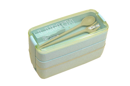 3 Layer Wheat Straw Bento Box Students Lunch Box Eco Friendly Leakproof 900ml Food Container Lunch Box with Compartment-Green