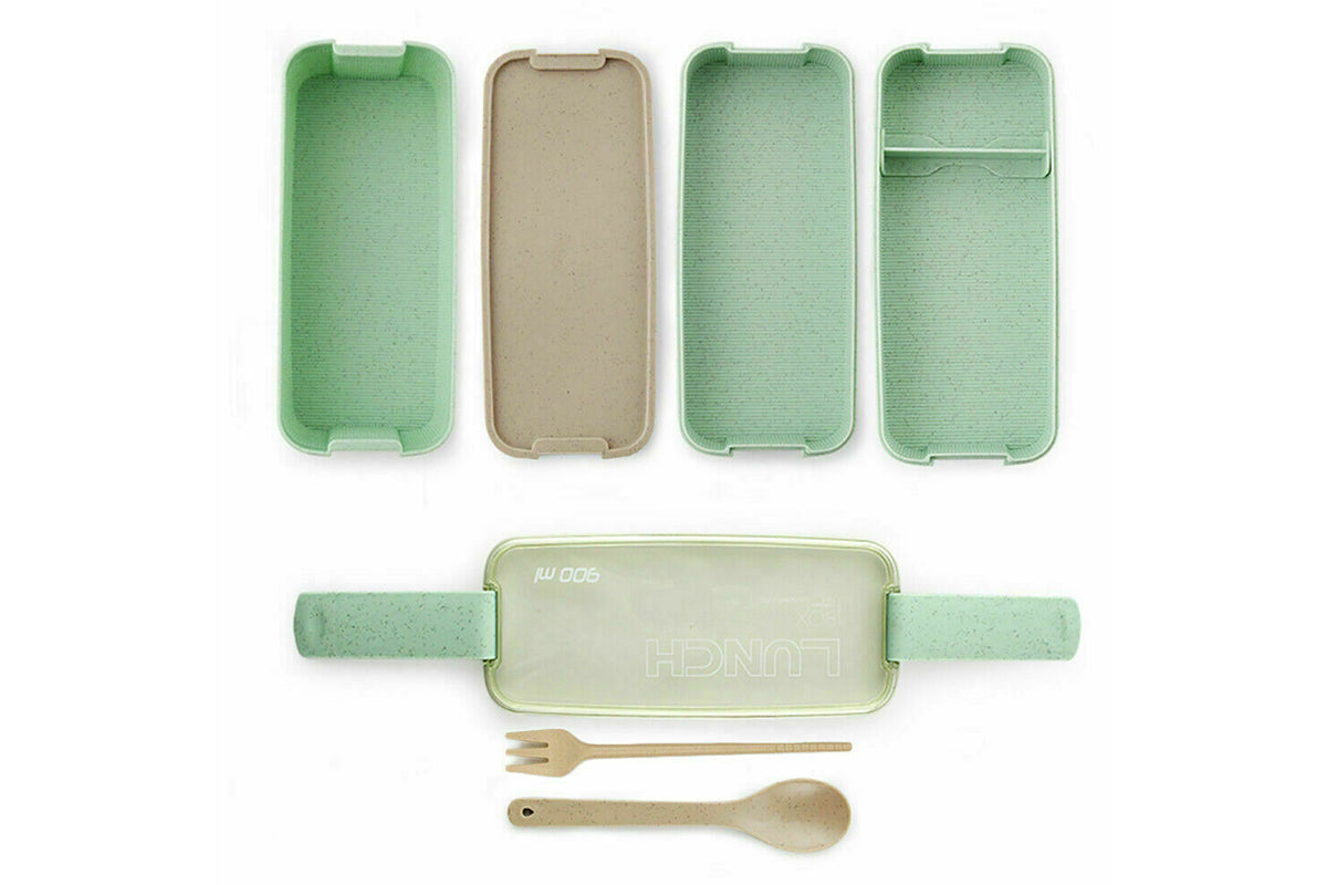 3 Layer Wheat Straw Bento Box Students Lunch Box Eco Friendly Leakproof 900ml Food Container Lunch Box with Compartment-Green