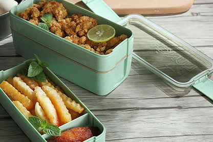 3 Layer Wheat Straw Bento Box Students Lunch Box Eco Friendly Leakproof 900ml Food Container Lunch Box with Compartment-Green