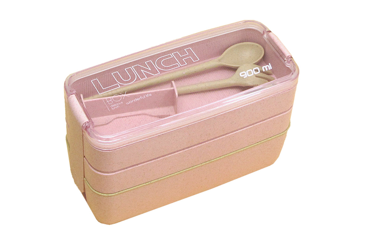 3 Layer Wheat Straw Bento Box Students Lunch Box Eco Friendly Leakproof 900ml Food Container Lunch Box with Compartment-Pink