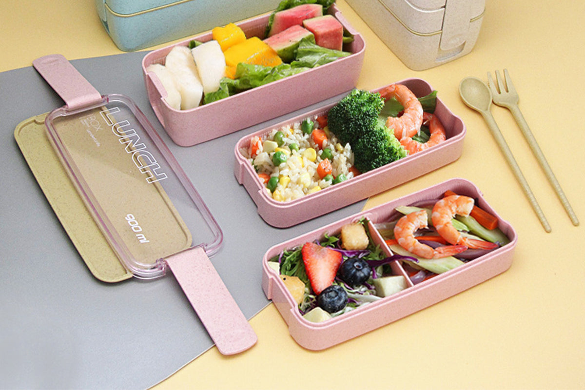 3 Layer Wheat Straw Bento Box Students Lunch Box Eco Friendly Leakproof 900ml Food Container Lunch Box with Compartment-Pink