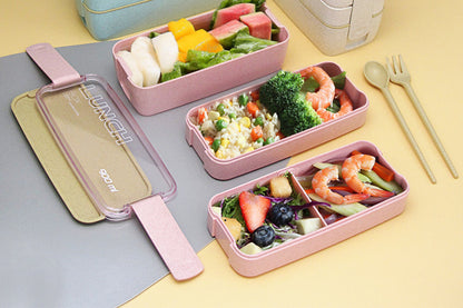 3 Layer Wheat Straw Bento Box Students Lunch Box Eco Friendly Leakproof 900ml Food Container Lunch Box with Compartment-Pink
