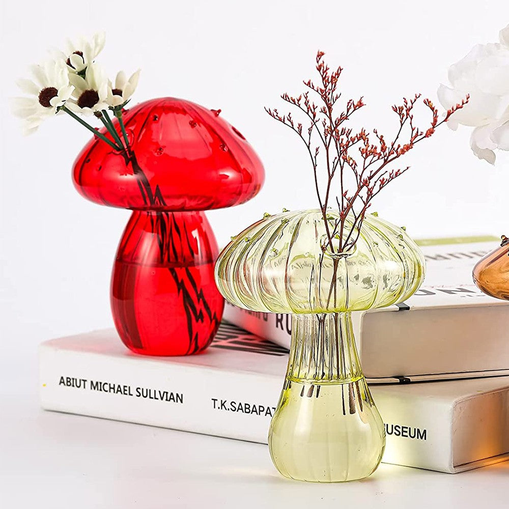 2 X Green Red Mushroom Shaped Glass Vase Aromatherapy Bottle Hydroponic Plant Flower Pot