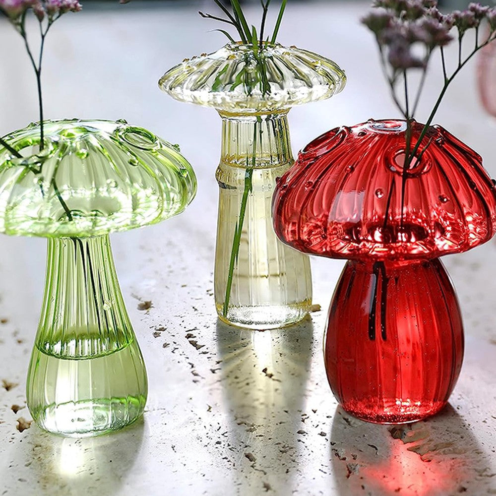 2 X Green Red Mushroom Shaped Glass Vase Aromatherapy Bottle Hydroponic Plant Flower Pot
